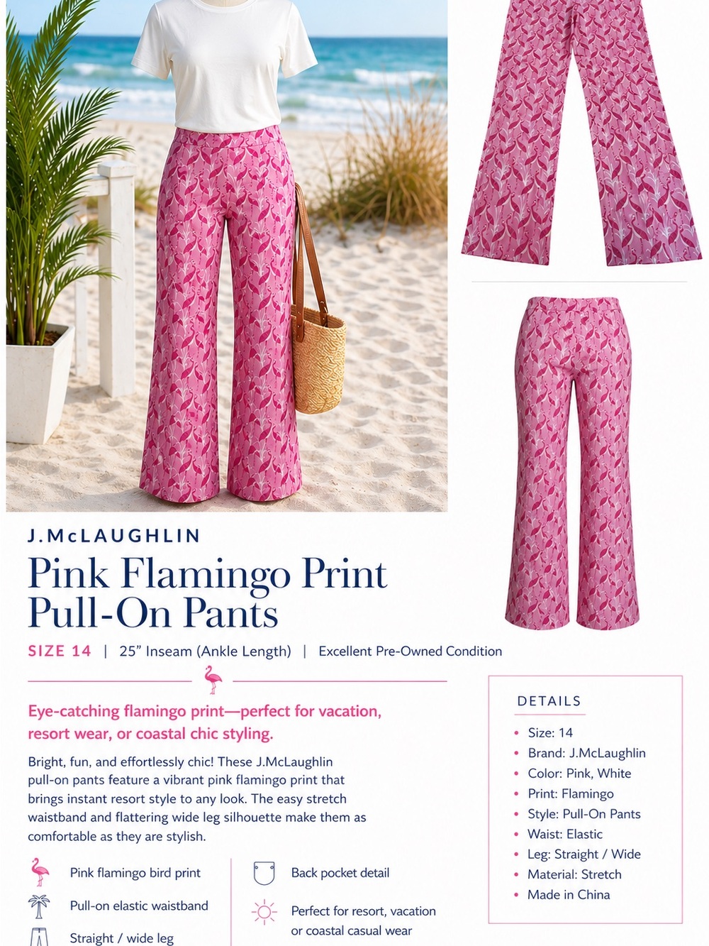 J.McLaughlin Pink Flamingo Print Pull-On Pants with stretch flare leg Size 14